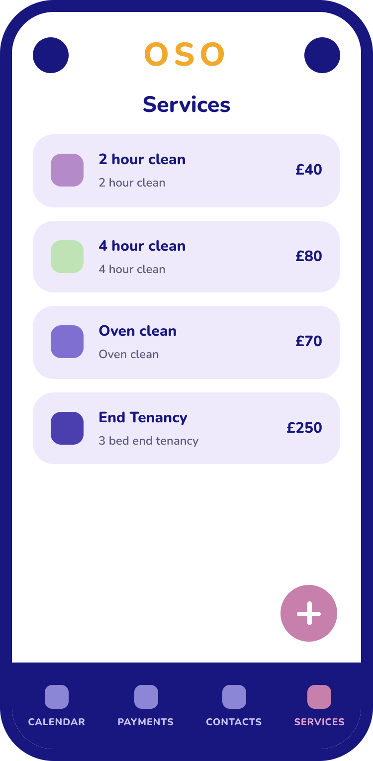 A list of cleaning services in OSO, each with its own price and colour
