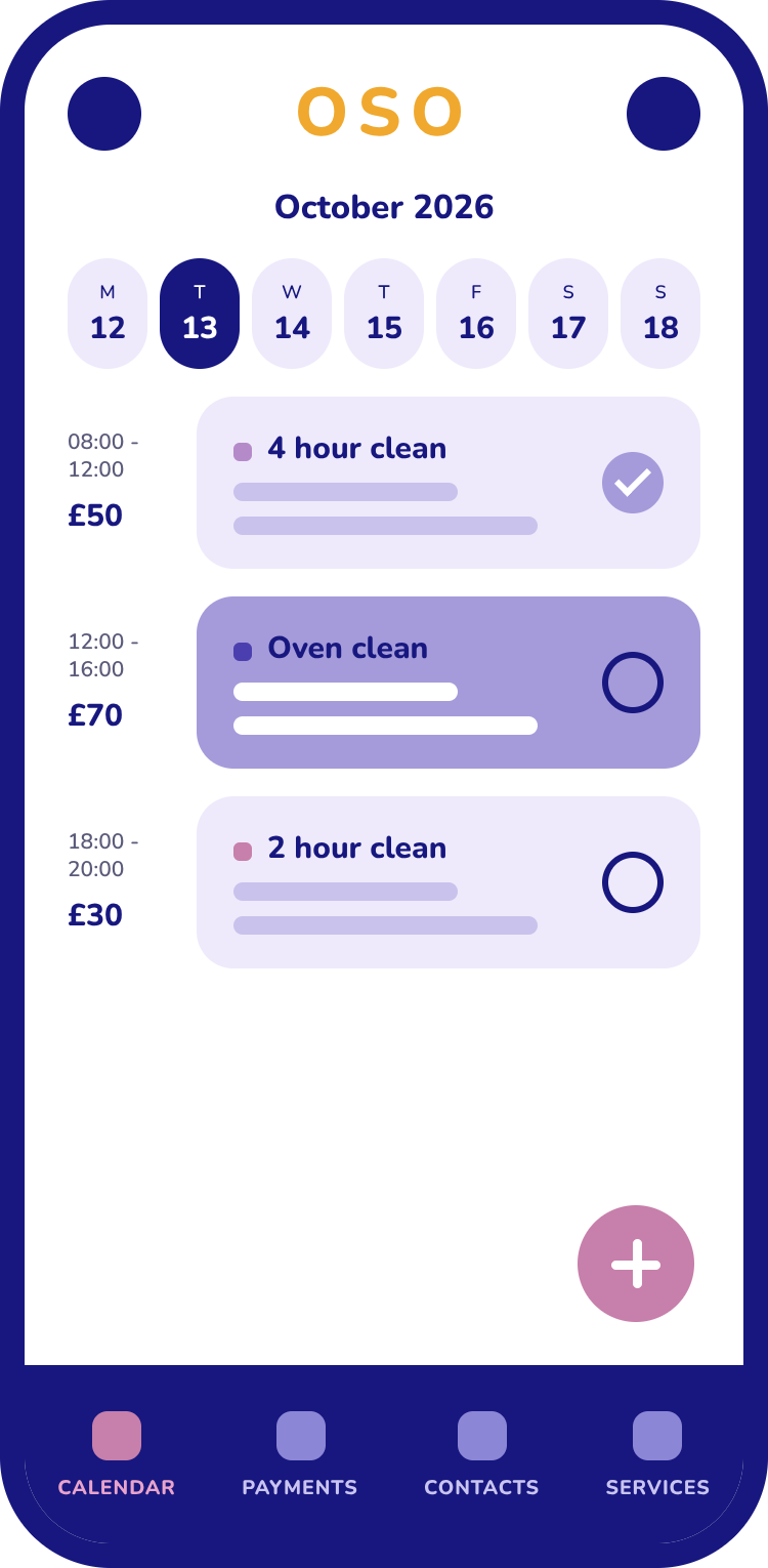 A calendar in OSO with cleaning jobs set out by time